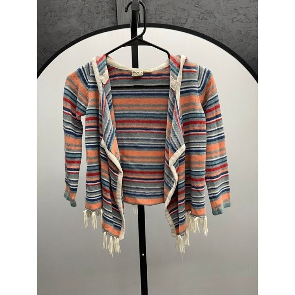 Roxy Girl Multicolored Striped Hooded Fringe Cardigan